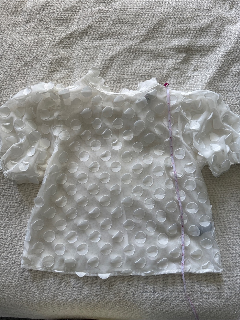 Women’s White Dot Textured Tie Neck Puff-Sleeve Blouse by cliché